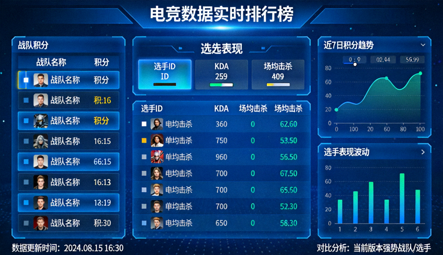 电竞数据排行榜可视化大屏，展示战队积分、选手表现与趋势曲线，突出实时更新与对比分析能力